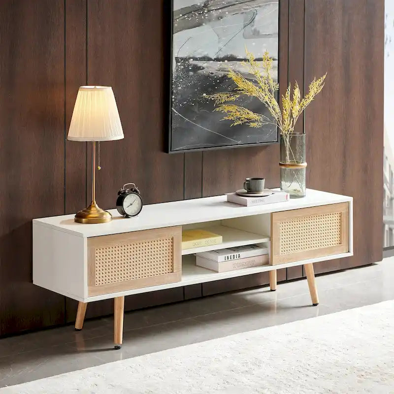 Meuble TV blanc 55.12 avec portes coulissantes, pieds en bois et étagère réglable