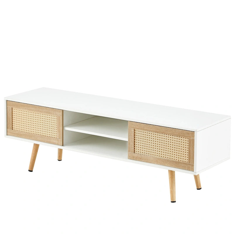 Meuble TV blanc 55.12 avec portes coulissantes, pieds en bois et étagère réglable