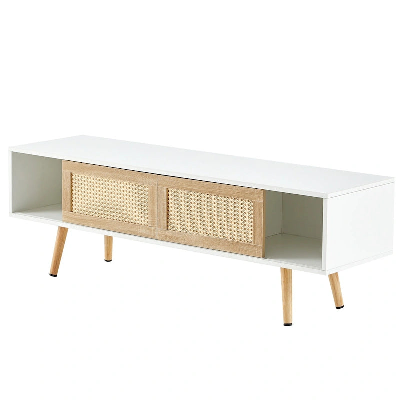 Meuble TV blanc 55.12 avec portes coulissantes, pieds en bois et étagère réglable