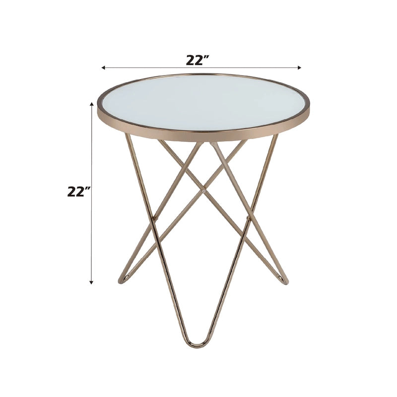 Table d'appoint ronde avec plateau en verre dépoli et finition champagne, avec base en métal en V