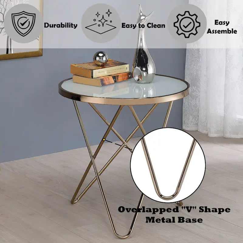 Table d'appoint ronde avec plateau en verre dépoli et finition champagne, avec base en métal en V