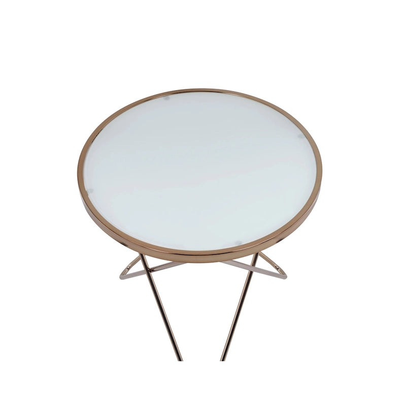 Table d'appoint ronde avec plateau en verre dépoli et finition champagne, avec base en métal en V