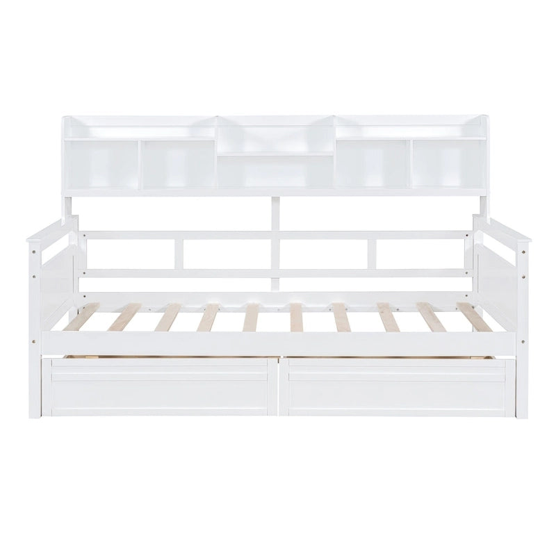 Lit de repos double avec tiroirs de rangement et étagères, cadre en bois massif