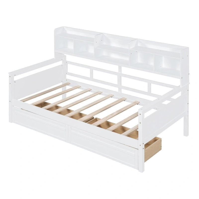 Lit de repos double avec tiroirs de rangement et étagères, cadre en bois massif