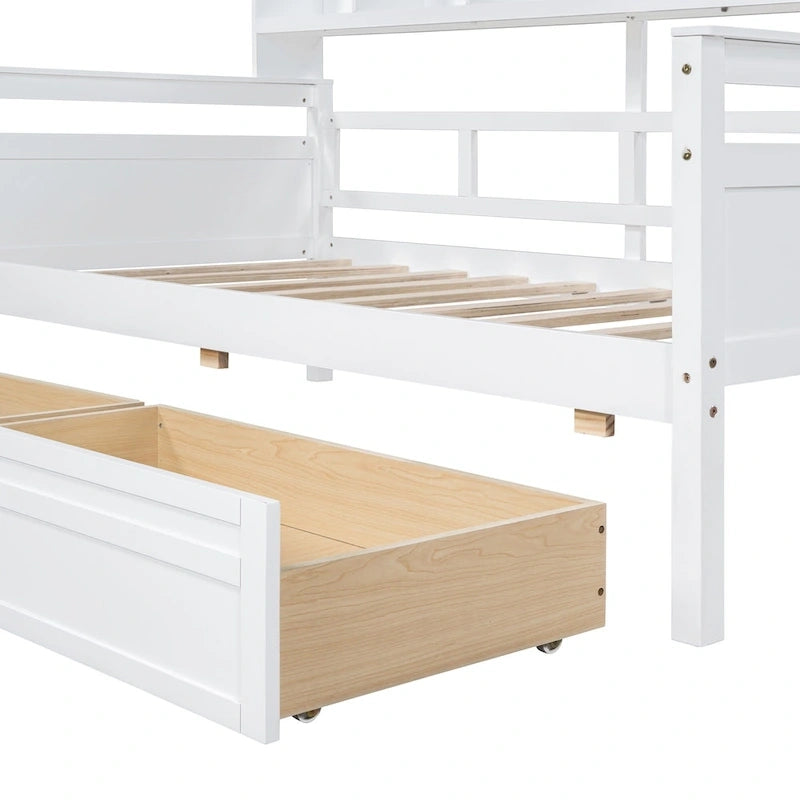 Lit de repos double avec tiroirs de rangement et étagères, cadre en bois massif