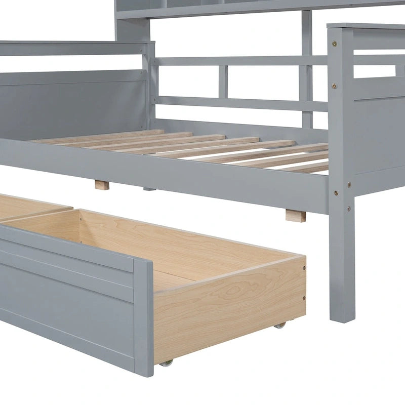 Lit de repos double avec tiroirs de rangement et étagères, cadre en bois massif