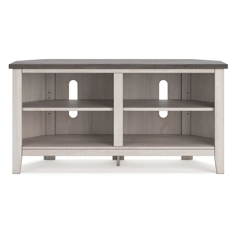 Meuble TV d'angle, 4 étagères, gris, blanc rustique, 122 cm