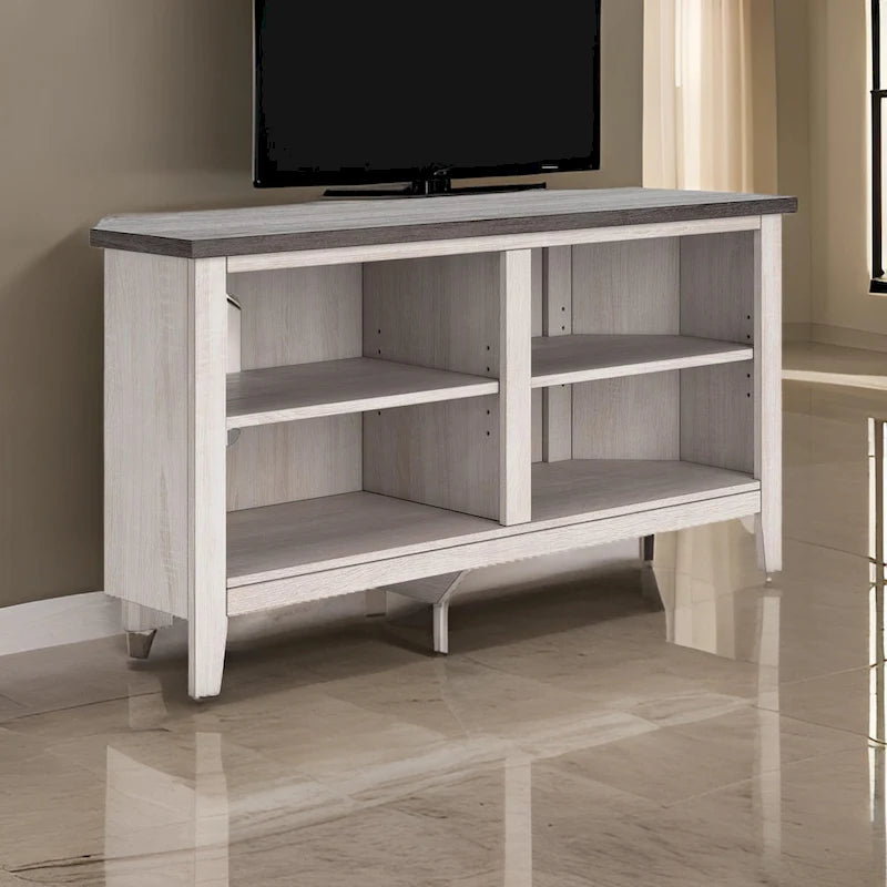 Meuble TV d'angle, 4 étagères, gris, blanc rustique, 122 cm