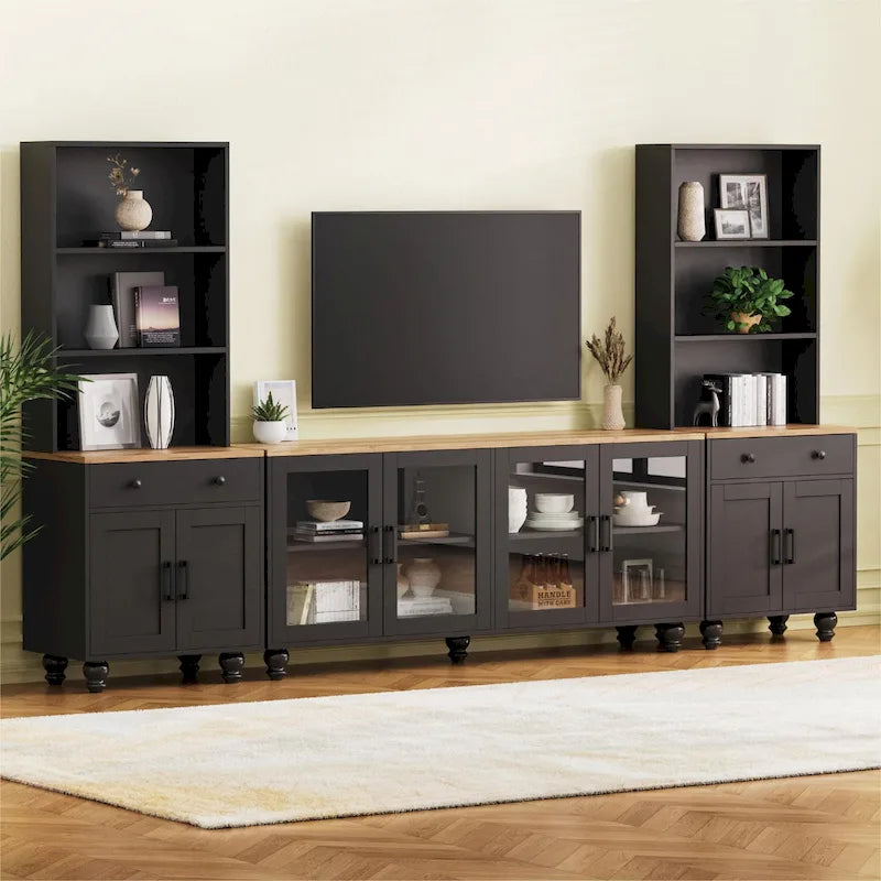 Meuble TV avec étagères et portes en verre trempé, Centre de divertissement avec étagères réglables pour téléviseurs jusqu'à 70 pouces