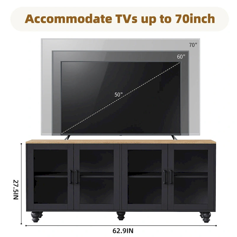 Meuble TV avec étagères et portes en verre trempé, Centre de divertissement avec étagères réglables pour téléviseurs jusqu'à 70 pouces