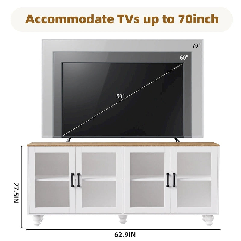 Meuble TV avec étagères et portes en verre trempé, Centre de divertissement avec étagères réglables pour téléviseurs jusqu'à 70 pouces