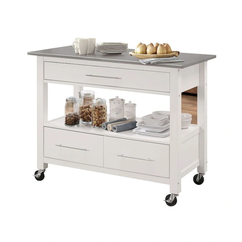 Dessus en acier inoxydable et chariot de cuisine de finition blanche Ottawa (sans tabouret)