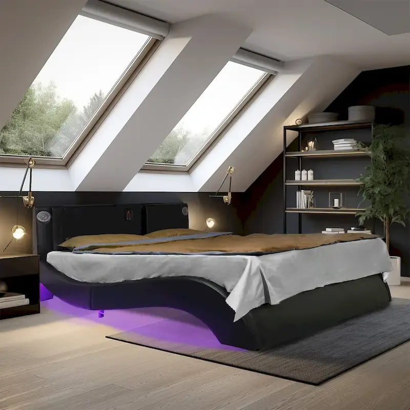 Lit plateforme capitonné en similicuir taille queen avec éclairage LED et support à lattes en bois