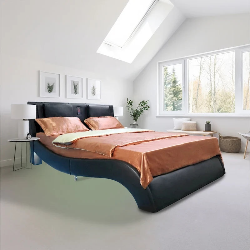 Lit plateforme capitonné en similicuir taille queen avec éclairage LED et support à lattes en bois