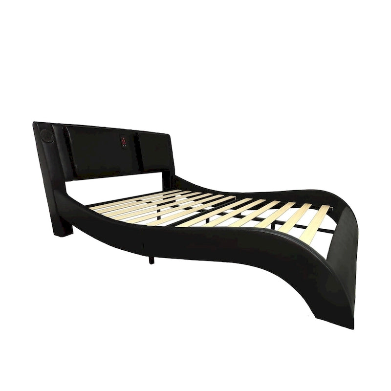 Lit plateforme capitonné en similicuir taille queen avec éclairage LED et support à lattes en bois