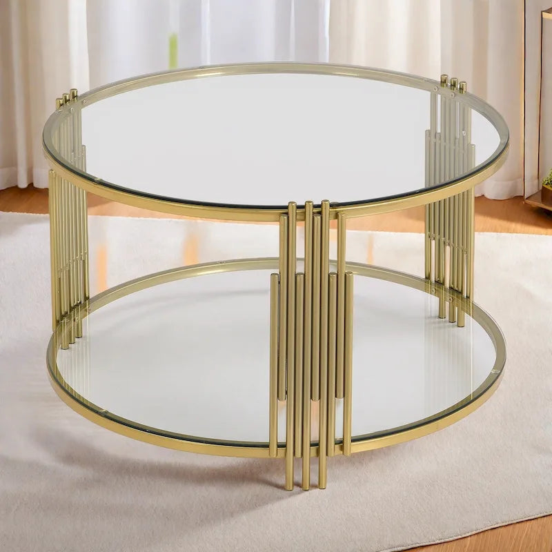 Table basse en verre trempé de 31,5 po avec motif métallique asymétrique et étagère inférieure