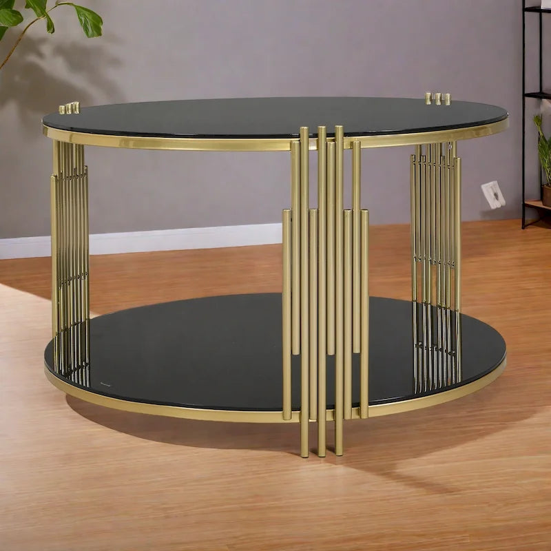 Table basse en verre trempé de 31,5 po avec motif métallique asymétrique et étagère inférieure