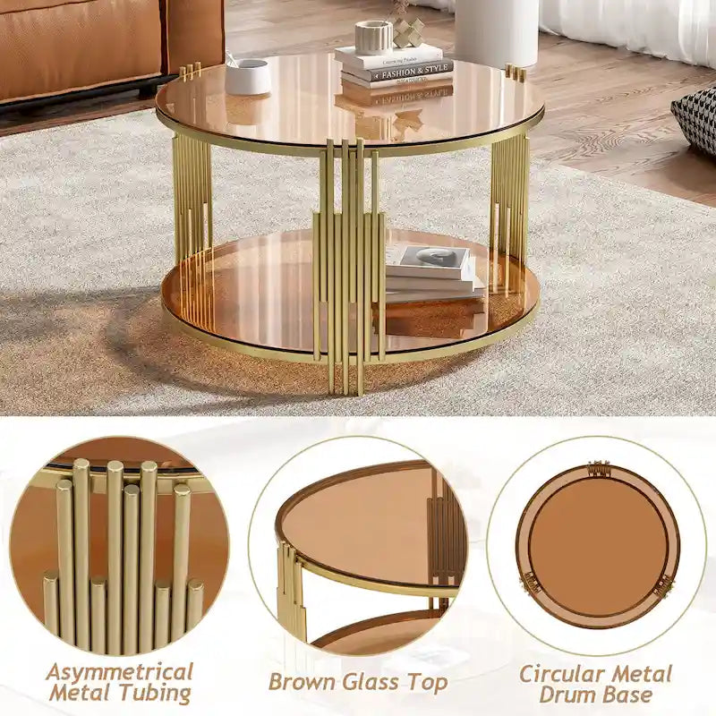 Table basse en verre trempé de 31,5 po avec motif métallique asymétrique et étagère inférieure