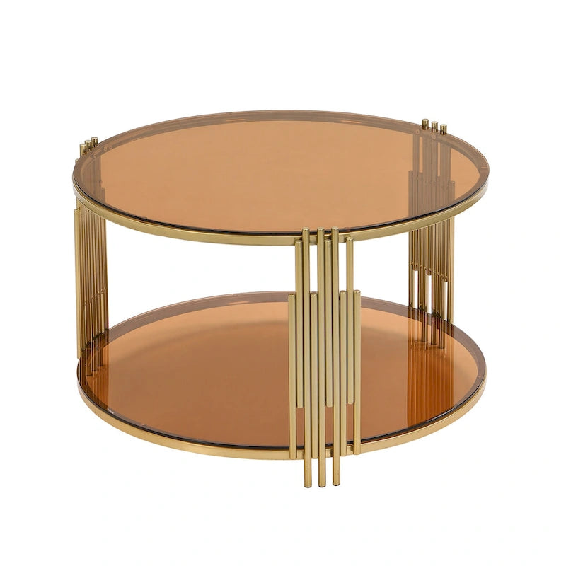 Table basse en verre trempé de 31,5 po avec motif métallique asymétrique et étagère inférieure