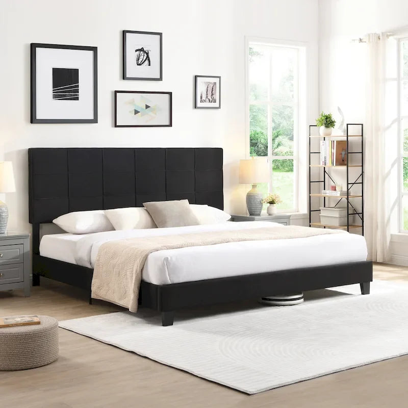Lit plateforme tapissier King noir avec tête de lit capitonnée et lattes en bois – aucun sommier tapissier requis