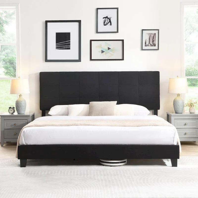 Lit plateforme tapissier King noir avec tête de lit capitonnée et lattes en bois – aucun sommier tapissier requis
