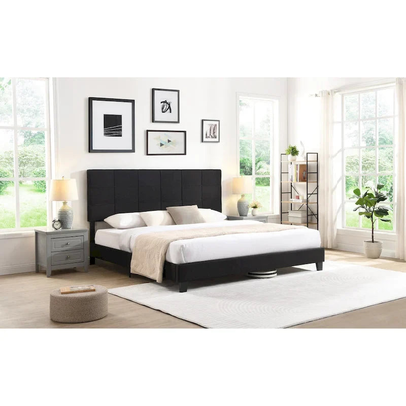 Lit plateforme tapissier King noir avec tête de lit capitonnée et lattes en bois – aucun sommier tapissier requis