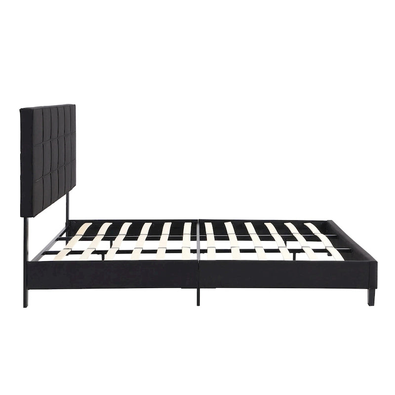 Lit plateforme tapissier King noir avec tête de lit capitonnée et lattes en bois – aucun sommier tapissier requis