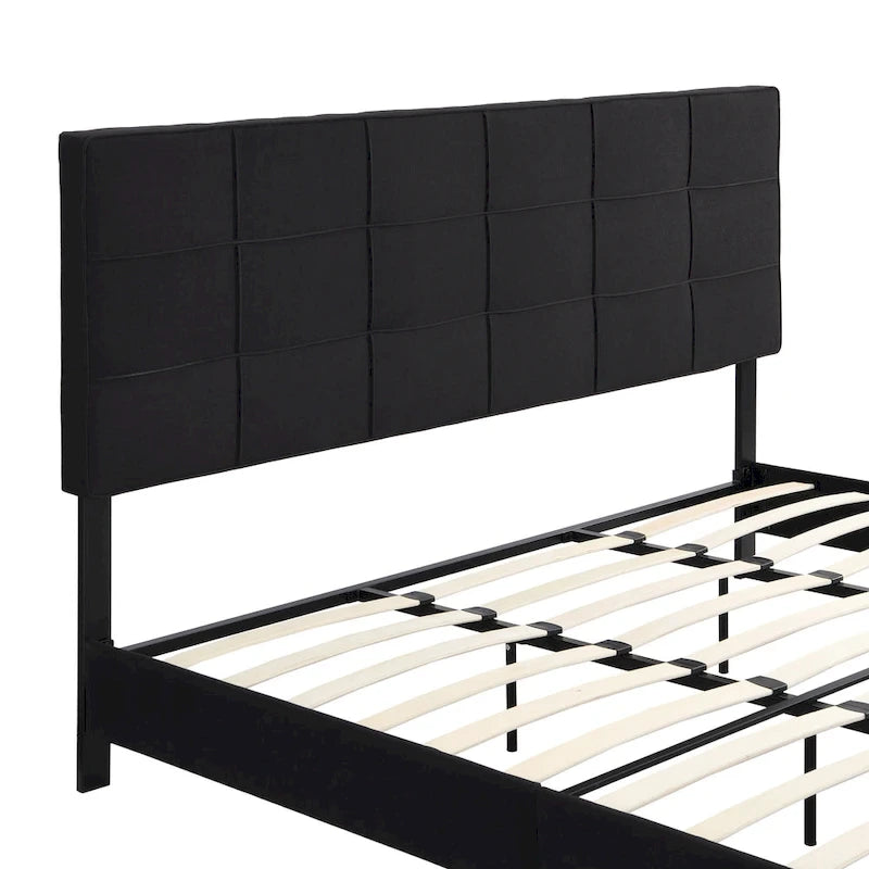 Lit plateforme tapissier King noir avec tête de lit capitonnée et lattes en bois – aucun sommier tapissier requis