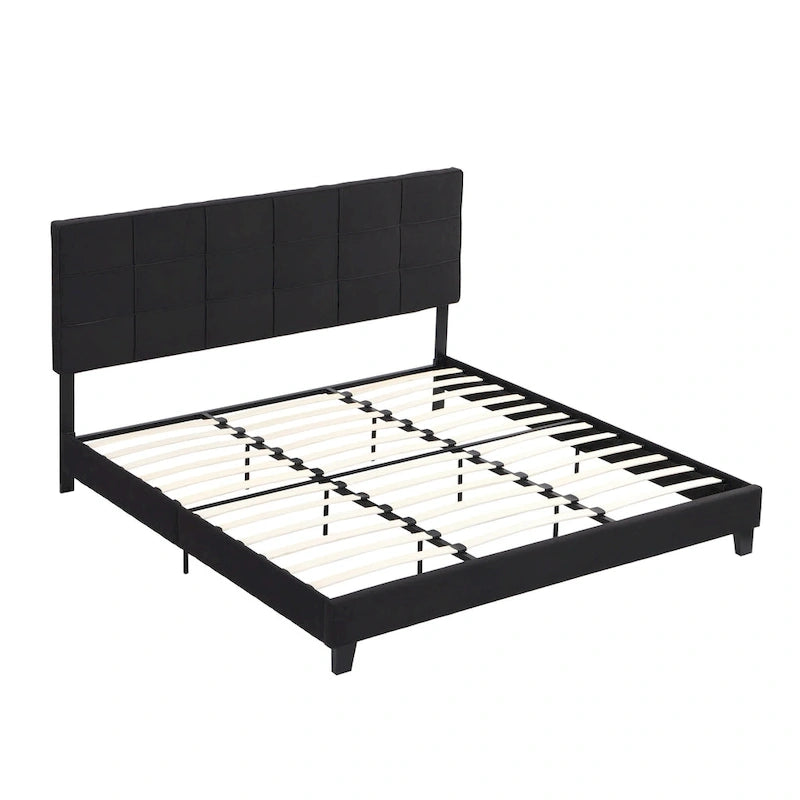Lit plateforme tapissier King noir avec tête de lit capitonnée et lattes en bois – aucun sommier tapissier requis