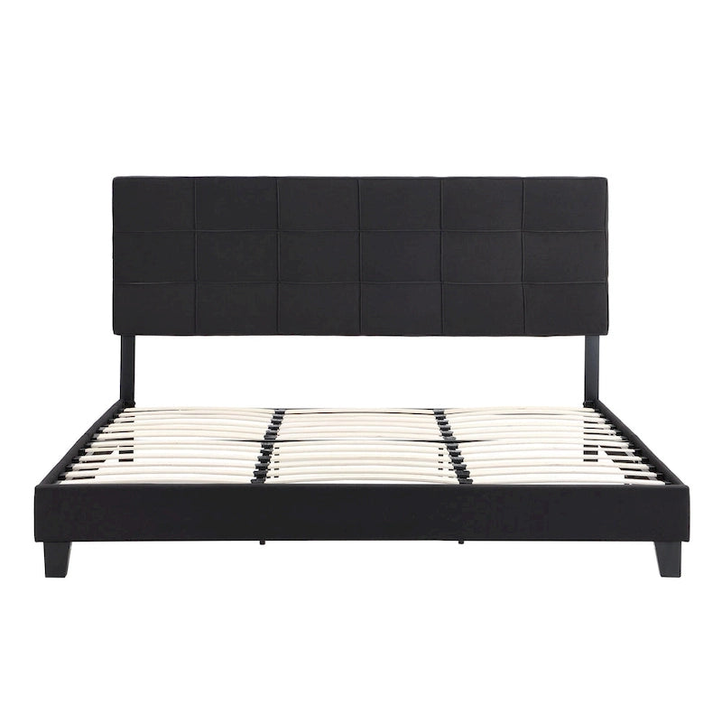 Lit plateforme tapissier King noir avec tête de lit capitonnée et lattes en bois – aucun sommier tapissier requis