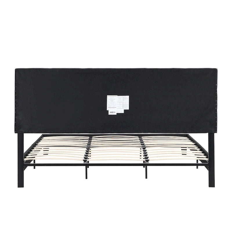 Lit plateforme tapissier King noir avec tête de lit capitonnée et lattes en bois – aucun sommier tapissier requis
