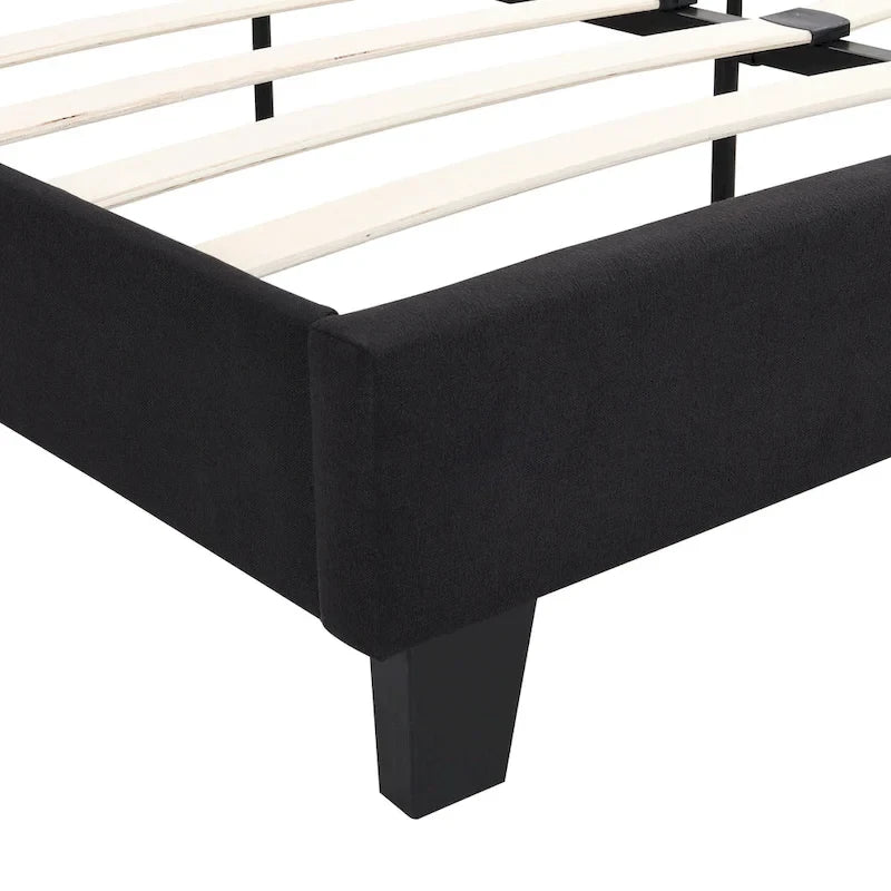 Lit plateforme tapissier King noir avec tête de lit capitonnée et lattes en bois – aucun sommier tapissier requis