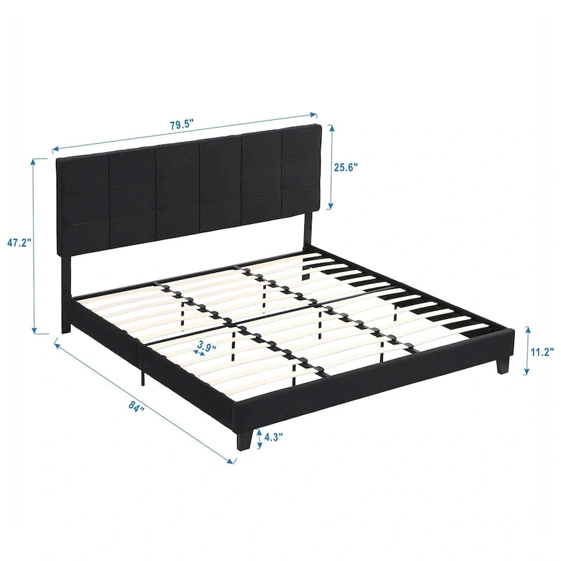 Lit plateforme tapissier King noir avec tête de lit capitonnée et lattes en bois – aucun sommier tapissier requis