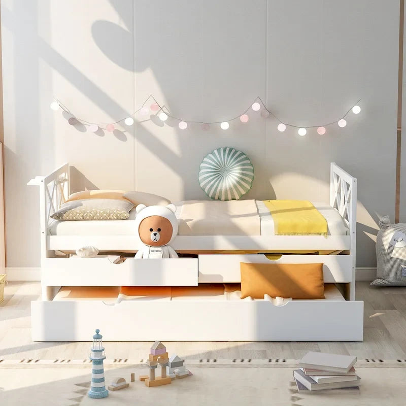 Lit de repos double en pin blanc avec tiroirs et lit gigogne