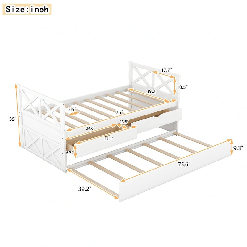 Lit de repos double en pin blanc avec tiroirs et lit gigogne