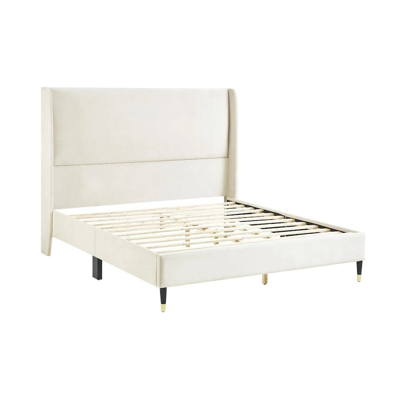Lit plateforme style Queen Size beige avec tête de lit capitonnée en velours