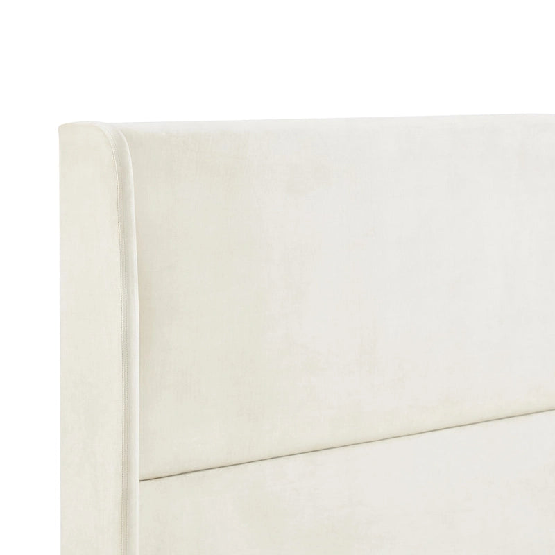 Lit plateforme style Queen Size beige avec tête de lit capitonnée en velours