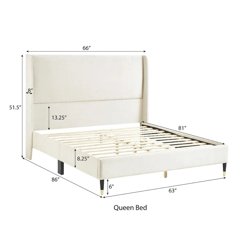 Lit plateforme style Queen Size beige avec tête de lit capitonnée en velours