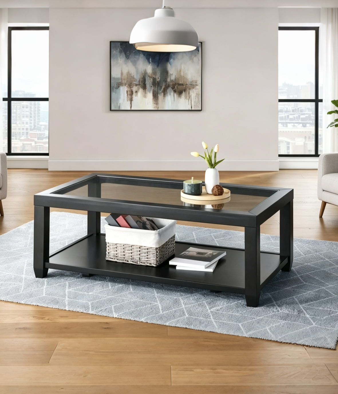 Wood and Glass Top 48-Inch Wide Coffee Table with Shelf Storage