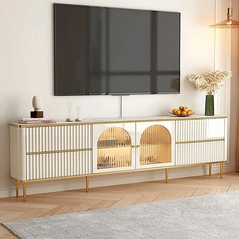 Meuble TV moderne avec tiroirs et vitrine