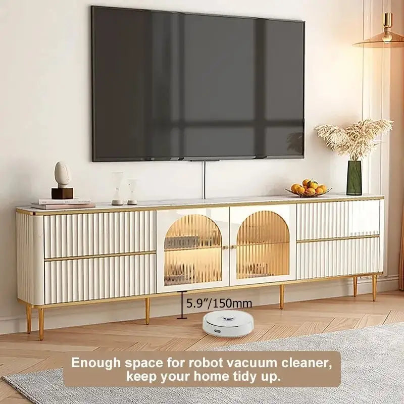 Meuble TV moderne avec tiroirs et vitrine