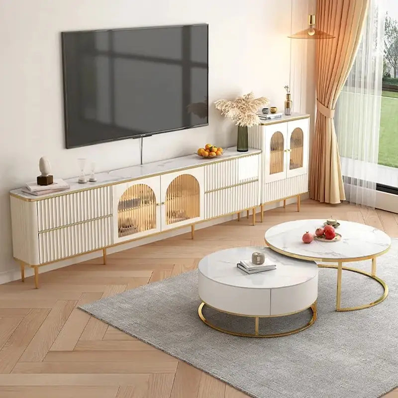 Meuble TV moderne avec tiroirs et vitrine