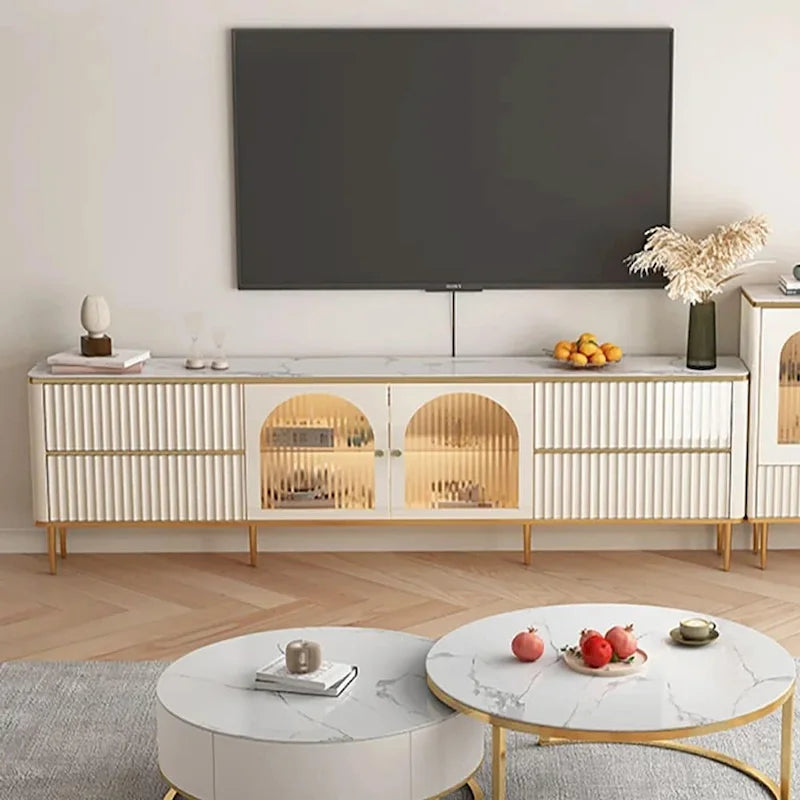 Meuble TV moderne avec tiroirs et vitrine