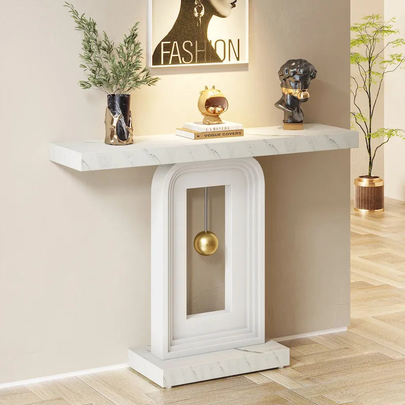 Modern Console Table with Geometric Base, 39.4 inch Narrow Sofa Table with Gold Decor for Living Room Entryway Hallway Entrance