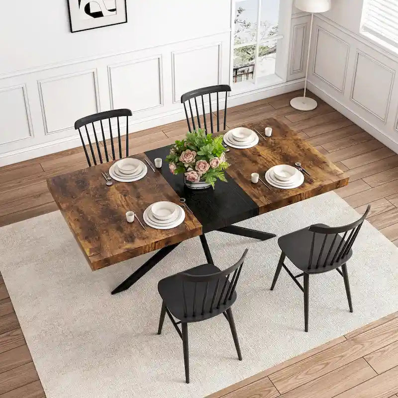 Table de salle à manger rectangulaire rétro avec plaque centrale noire estampée
