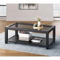 Table basse de 122 cm de large avec plateau en bois et verre et étagère de rangement