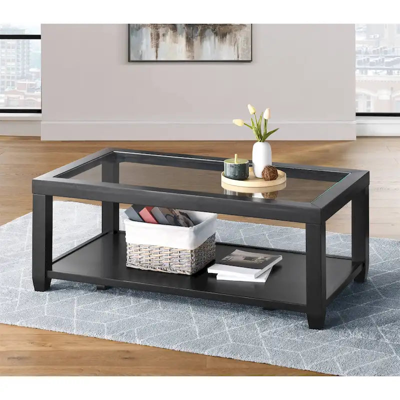 Wood and Glass Top 48-Inch Wide Coffee Table with Shelf Storage