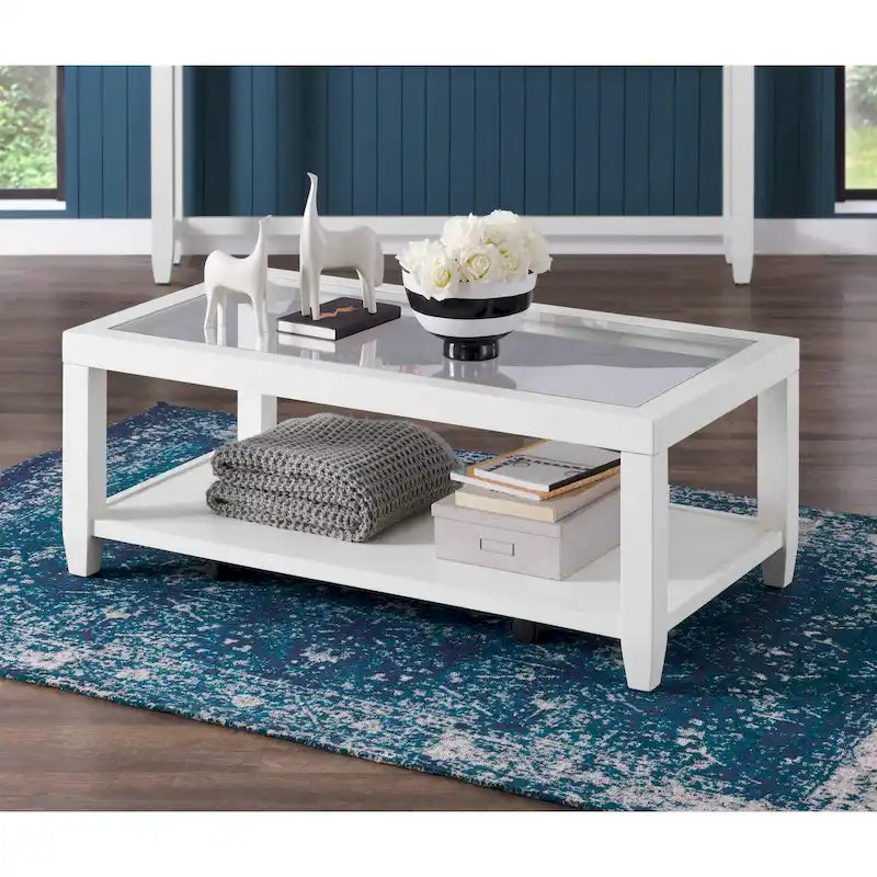 Wood and Glass Top 48-Inch Wide Coffee Table with Shelf Storage