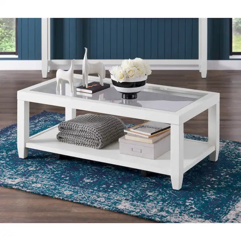 Wood and Glass Top 48-Inch Wide Coffee Table with Shelf Storage
