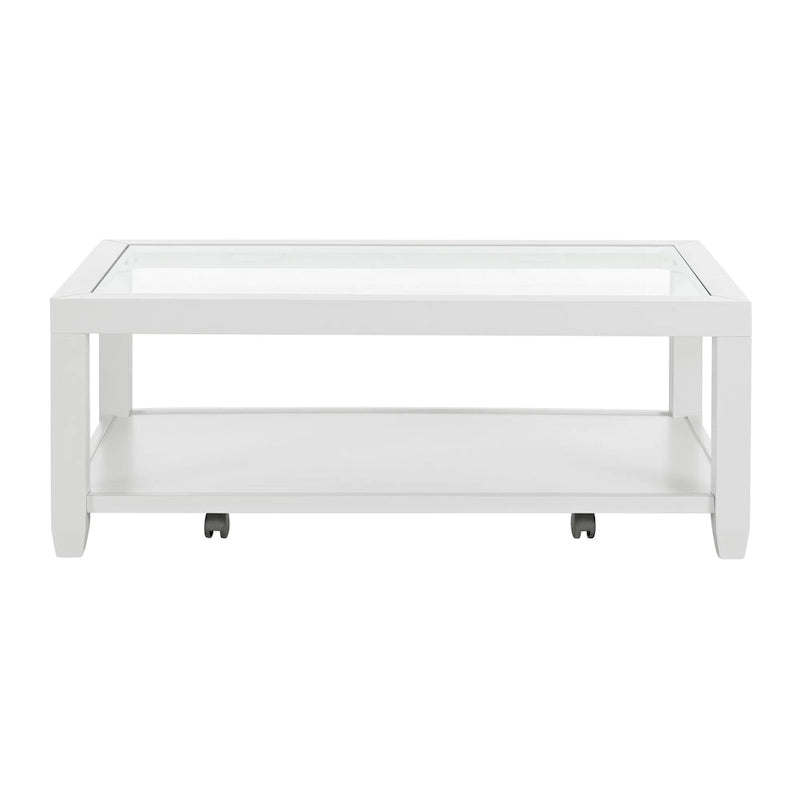 Table basse de 122 cm de large avec plateau en bois et verre et étagère de rangement